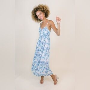 Storia Blue and White Floral Watercolor Midi Dress